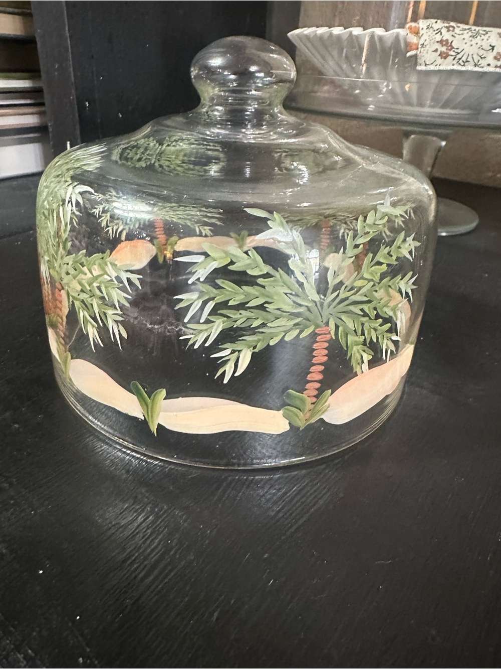 Hand-Painted Glass Dome with Palm Tree Motif - Clear with Green & pink